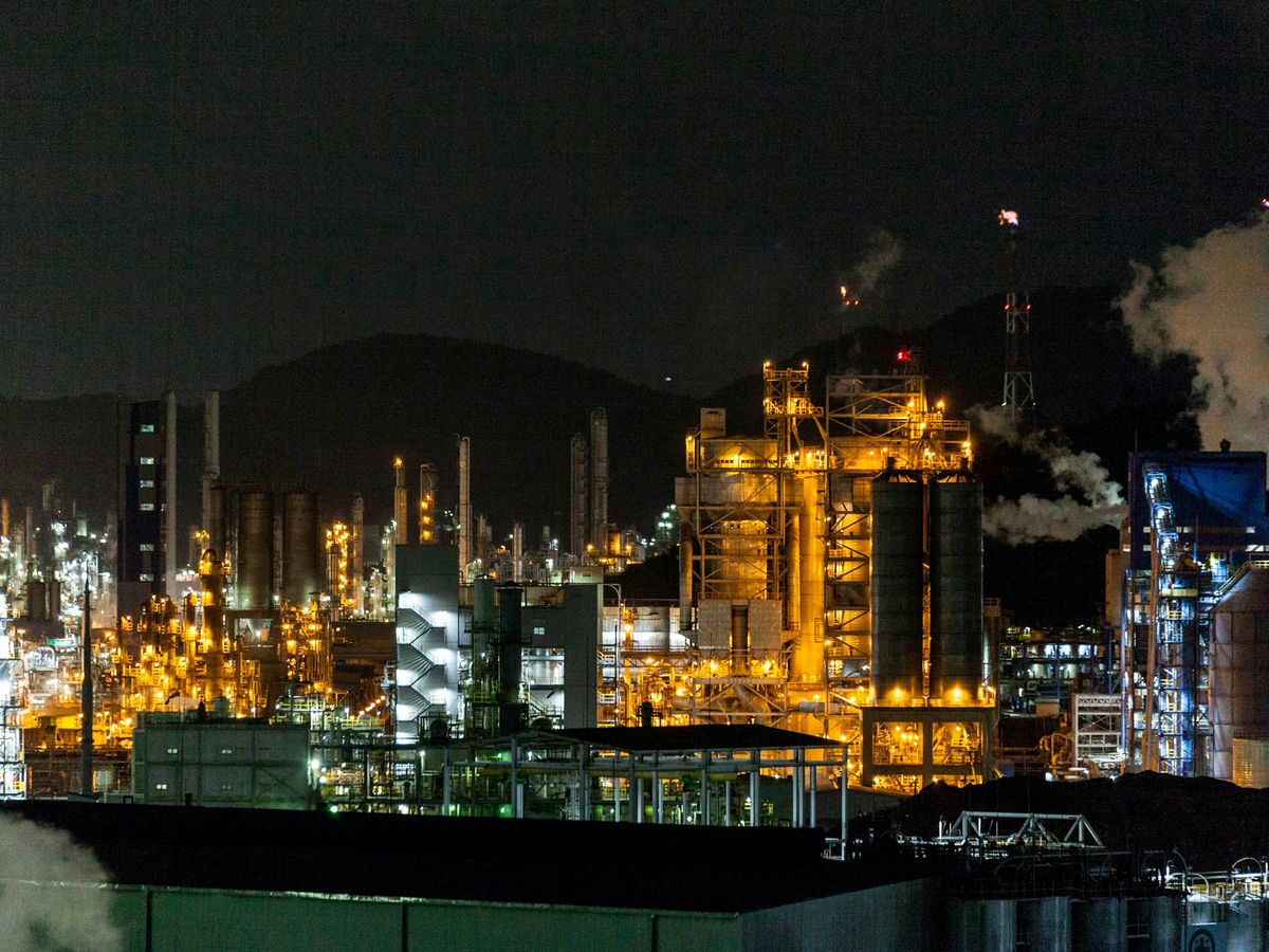 Industrial processing plant lit up at night